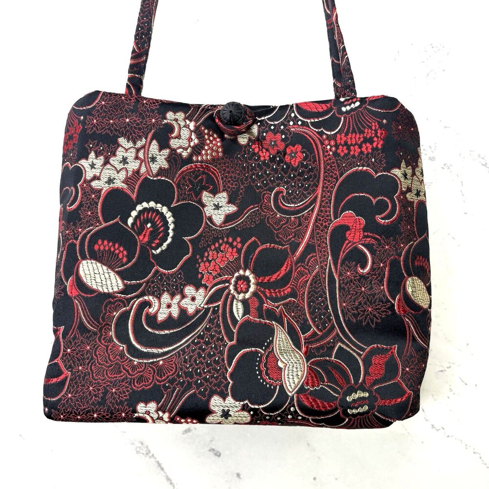 Vintage Asian Floral Brocade Handbag Black Red Gold Frog Closure Bag Whimsigoth